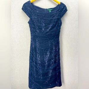 Lauren Ralph Evening Sequin Dress Lighthouse Navy Blue Size 4 Ruched Cap Sleeve